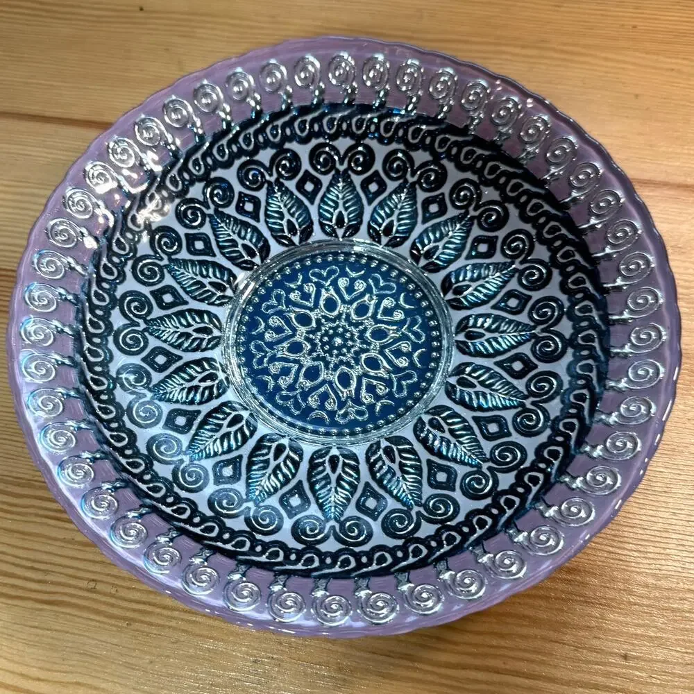 Boho Embossed Glass Plate Purple Blue Decorative 9”